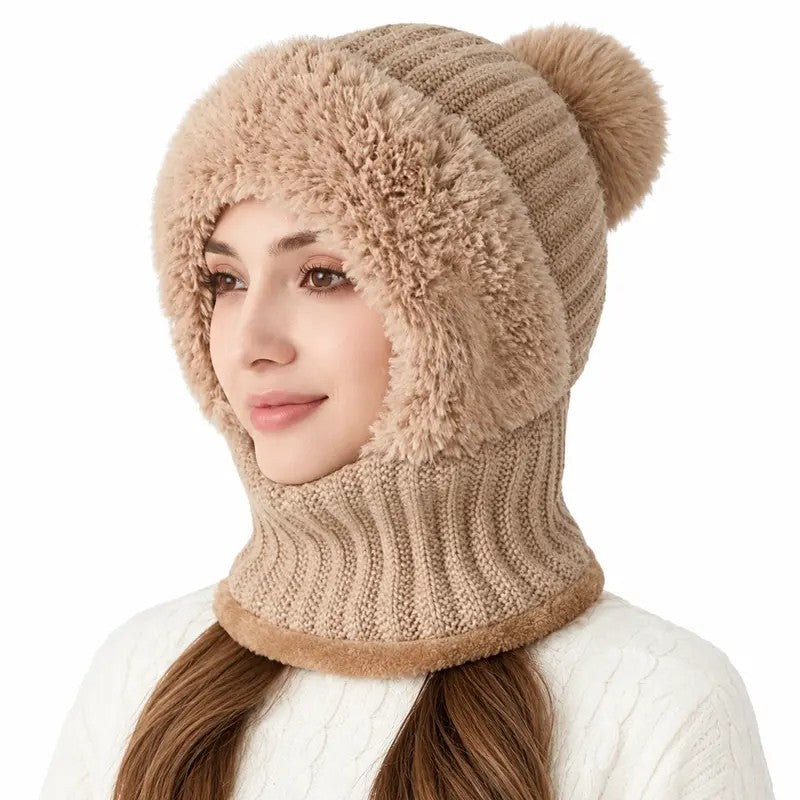 Ribbed Knit Balaclava with Pom Pom