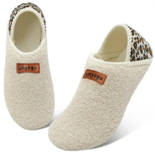 Fuzzy Sherpa Slip-On Slippers with Leopard Print Heel
