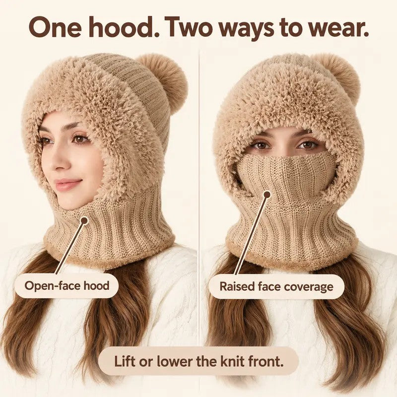 Ribbed Knit Balaclava with Pom Pom