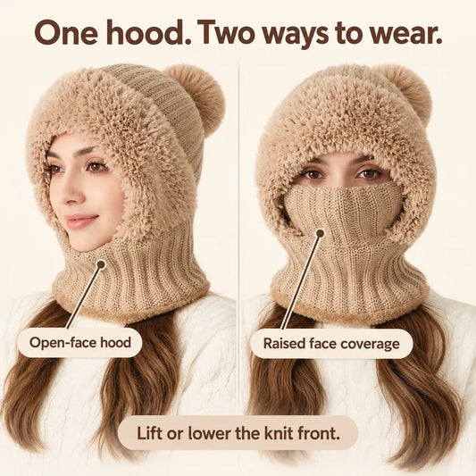 Ribbed Knit Balaclava with Pom Pom