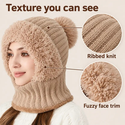 Ribbed Knit Balaclava with Pom Pom