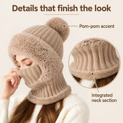Ribbed Knit Balaclava with Pom Pom