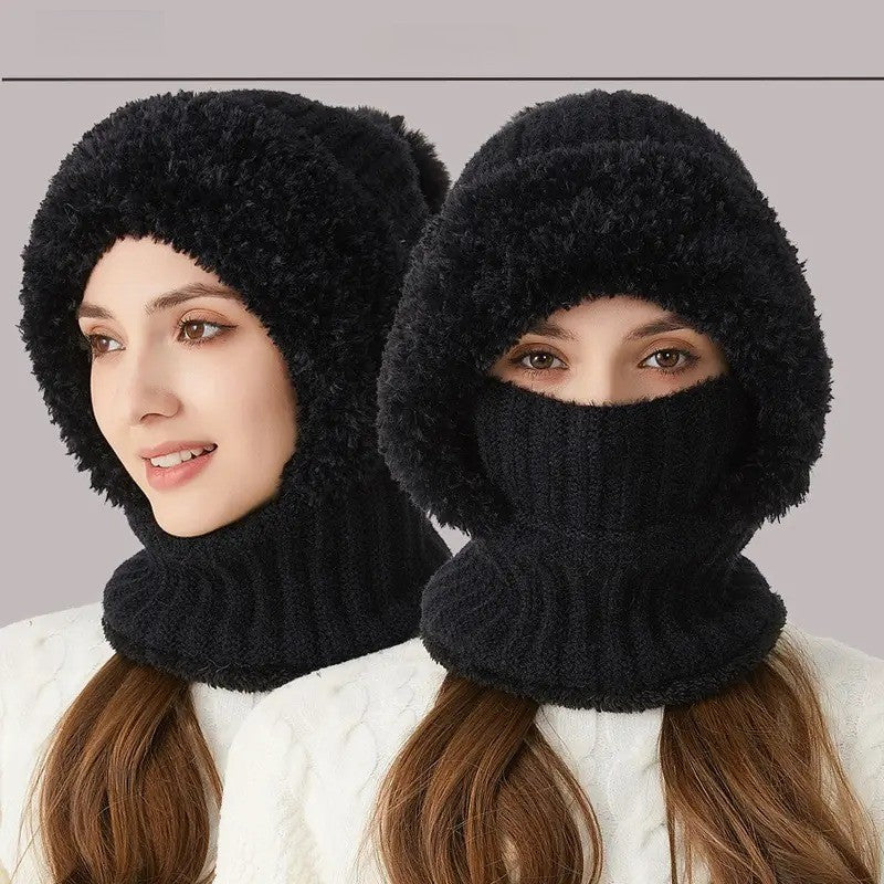 Ribbed Knit Balaclava with Pom Pom