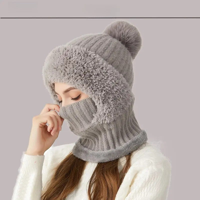 Ribbed Knit Balaclava with Pom Pom