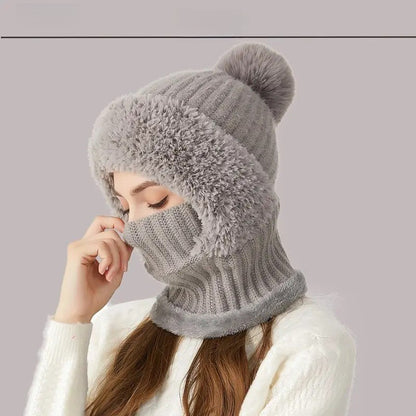 Ribbed Knit Balaclava with Pom Pom