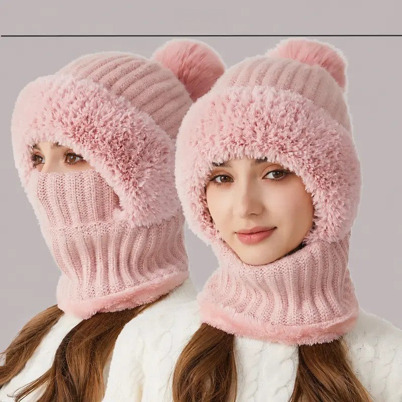 Ribbed Knit Balaclava with Pom Pom