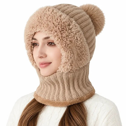 Ribbed Knit Balaclava with Pom Pom