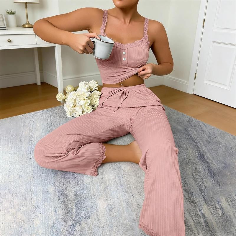 Ribbed Lace Trim Lounge Set